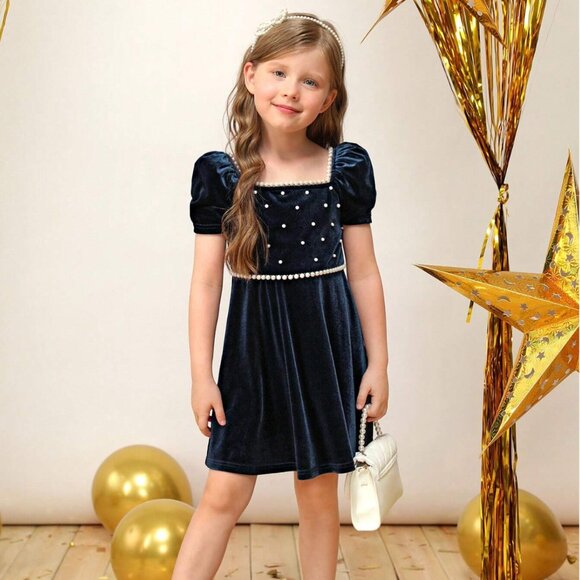 Girl Pearls Beaded Puff Sleeve Velvet Party Dress 7T - Picture 1 of 6